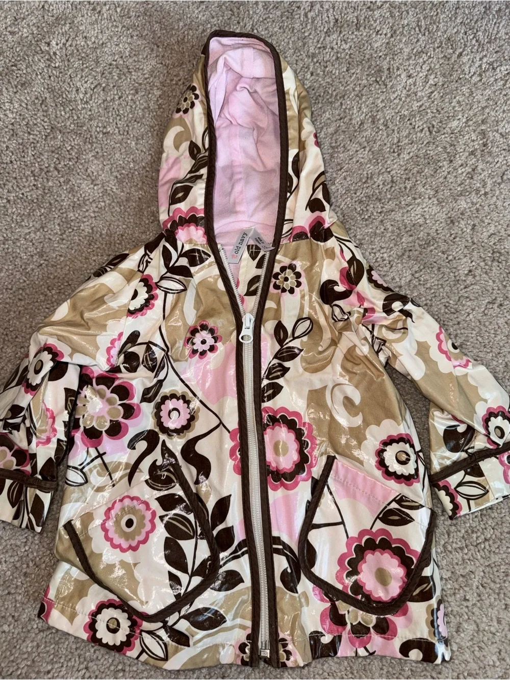 Vintage Old Navy Floral Hooded Trench Coat - Pink, Cream & Brown
